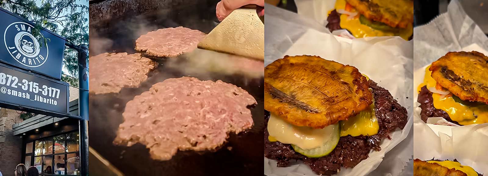 A collage of Smash Jibarito: the storefront sign on Division Street, smash-griddled beef patties on the flat-top, and the finished jibarito piled with cheese, pickles, and fried plantain