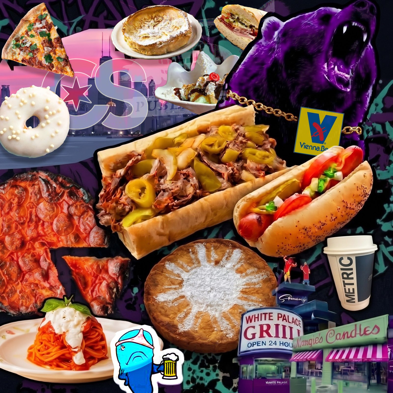An editorial collage of Chicago foods from The Bear: Italian beef, deep dish, a hot dog, and a growling purple bear
