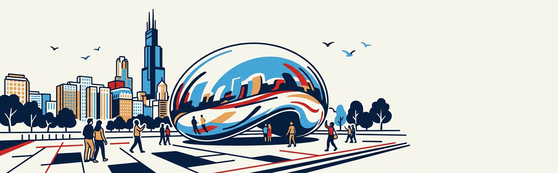 An illustrated view of Cloud Gate (the Bean) in Millennium Park with the downtown Chicago skyline behind it