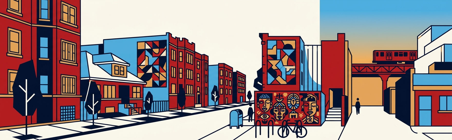 An illustrated Chicago neighborhood street with a mural, two-flats, and the L train passing overhead
