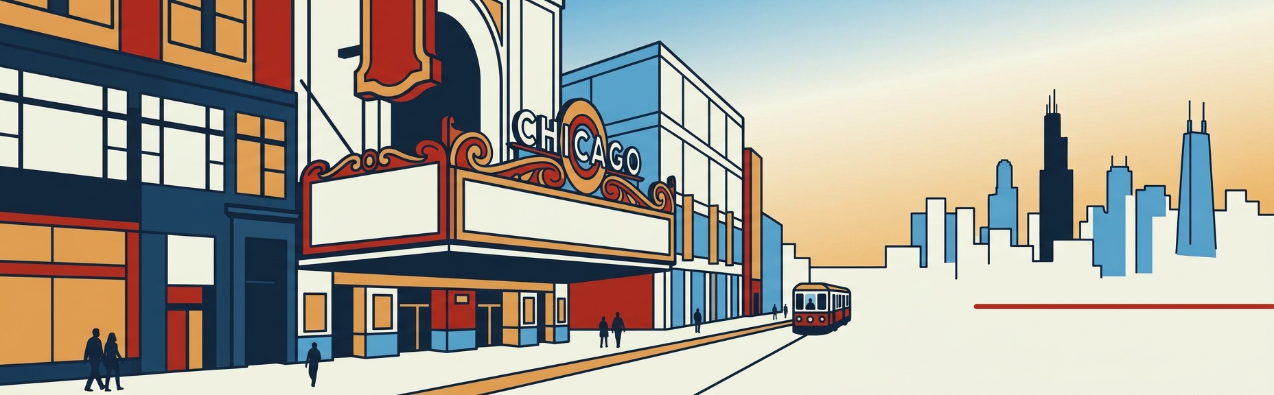 An illustrated view of the Chicago Theatre marquee at dusk, with the downtown skyline behind it