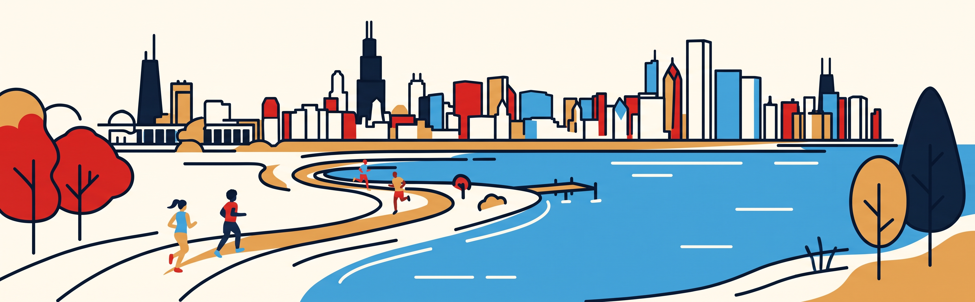 An illustrated view of the Chicago lakefront and skyline, with joggers on the path