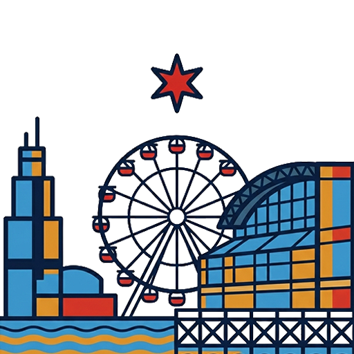 An illustrated Ferris wheel over the Chicago skyline